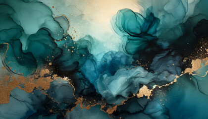abstract fluid art in luxurious blue and turquoise hues with gold accents and copy space. - obrazy, fototapety, plakaty