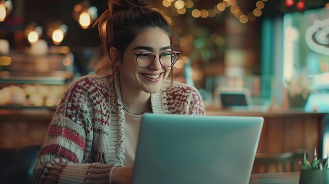 Beautiful young smiling woman using a laptop. Generate AI image