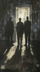 Three Silhouetted Men in a Dark, Ominous Corridor