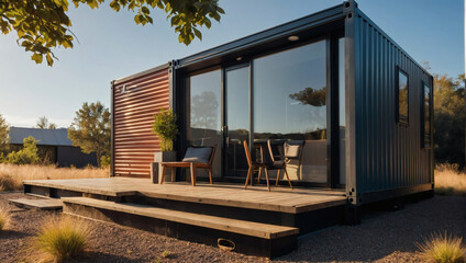 Stylish shipping container home, featuring sleek architectural lines, illuminated by sunlight on a tranquil afternoon.