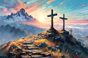 Three crosses on a hill at sunset. Watercolor illustration - obrazy, fototapety, plakaty