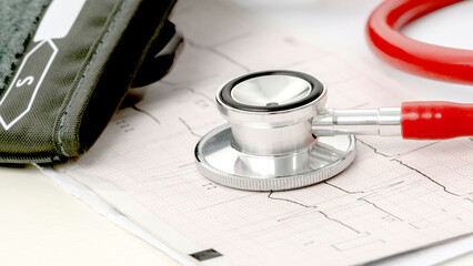 stethoscope on cardiogram heart