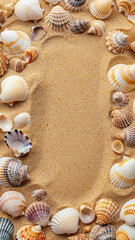 Fototapeta na wymiar Golden Sands & Seashells, Summer Frame Composition