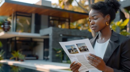 black woman with a piece of paper advertisement about a house in the background