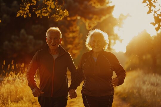 Cinematic photo of an elderly couple jogging in the natural. Generate AI image