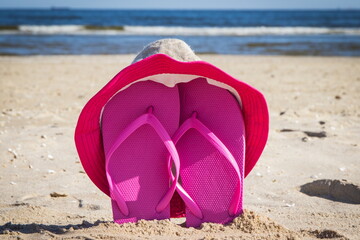Flip flop and straw hat on beach. Accessories for relax on sand. Summer vacation