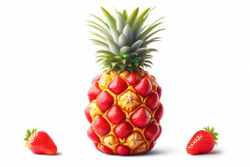 Vitamin fruit concept on white background. Unique fruit consisting of pineapple and strawberry. Unusual fruit with pineapple and strawberry flavour. Multifruit juice concept on white background