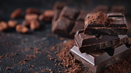 Stacked Chocolates and Cocoa Powder on Dark Background - obrazy, fototapety, plakaty