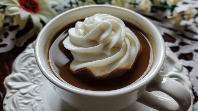 The swirl of cream and sugar in a fragrant cup of dark roast, super realistic
