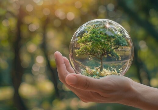 Hand holding glass sphere with a green tree inside. Generate AI image