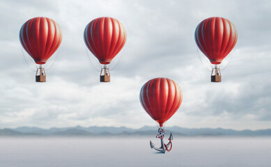 Held back metaphor a anchor holding or oppressing an air balloon and restricting movement as a suppression. The concept of business stagnation