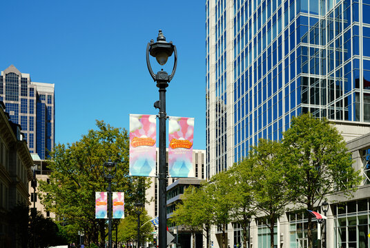 Raleigh, NC - USA - 4-7-2024: Dreamville Music festival banner in downtown Raleigh, promoting the annual event featuring J. Cole