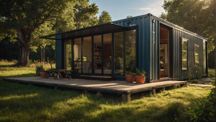 Sustainable living in a compact shipping container house, soaking up the sun's rays in a picturesque countryside setting.