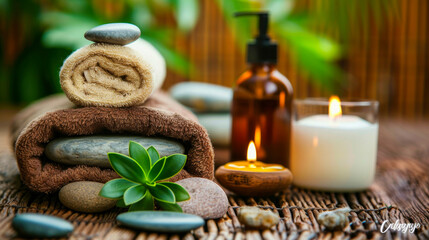 Indulge in the essence of a serene spa with rolled towels, smooth stones, and warm candles, creating a perfect wellness retreat. - Powered by Adobe