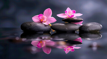 Tranquil spa ambiance with a zen-like harmony of pink orchids and polished black stones mirrored on calm water, radiating peacefulness and meditation. - Powered by Adobe