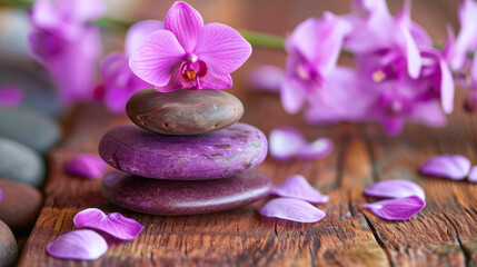 Fototapeta na wymiar Stacked stones and vibrant orchid petals on a rustic wooden surface, capturing the essence of a peaceful spa and the tender beauty of nature.