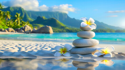 Serenity on a tropical beach with smooth stones and frangipani blossoms, reflecting nature's balance and a perfect zen getaway.