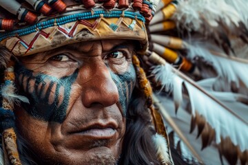 Obraz premium Americans Indian Man Native Portrait, American Indian Man from Tribe with Painted Face Stern Look