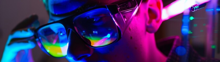 Detailed exploration of the fluorescence and precision of a lenss optical elements as they interact with laser light in a black light-enhanced lab environment - obrazy, fototapety, plakaty