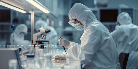 In a secure, high-level laboratory, scientists are conducting research. The chemist adjusts samples in a petri dish with pincers. 