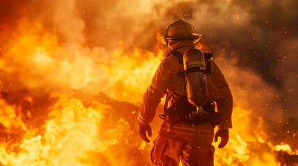 A firefighter heroically standing amidst a sea of flames - obrazy, fototapety, plakaty