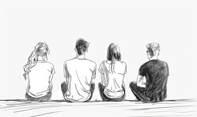 people sitting on the edge of an embankment, drawing in the sketch style simple lines, white background, minimalism Generative AI - obrazy, fototapety, plakaty