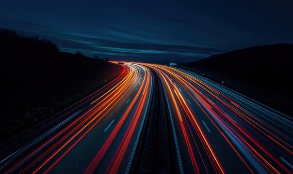 Long exposure photo of car lights on the highway at night. Generate AI image