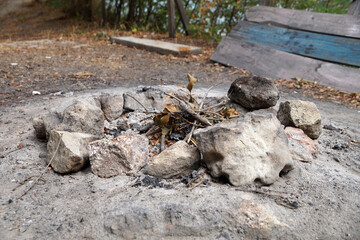 remnants of a campfire circled by stones outdoors