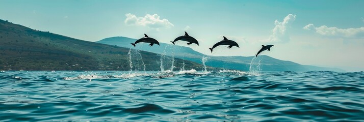 A flock of dolphins frolicking in the ocean waves jumps above the surface of the water, banner