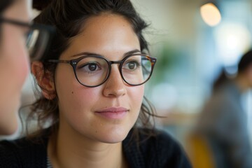 close-up portrait, a woman wearing glasses engages in conversation with her team during a meeting in an office setting
