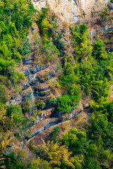 Aerial view of Tree Stones Wall Along a River in a Lush Forest Landscape.