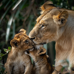 A family of lions in the jungle. Image made by artificial intelligence.	