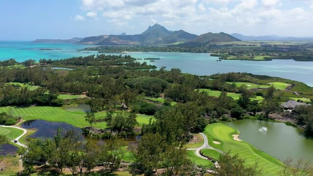 Ile aux Cerfs island with idyllic beach scene, aquamarine sea and soft sand, Ile aux Cerfs, Mauritius, Indian Ocean, Africa. Ile aux Cerf in Mauritius, beautiful water and breathtaking landscape.