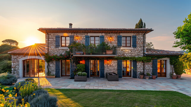 Belle et grande maison individuelle &agrave; la fa&ccedil;ade en pierre &agrave; la lumi&egrave;re du soir 