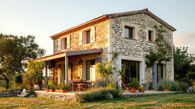 Belle et grande maison individuelle &agrave; la fa&ccedil;ade en pierre &agrave; la lumi&egrave;re du soir 