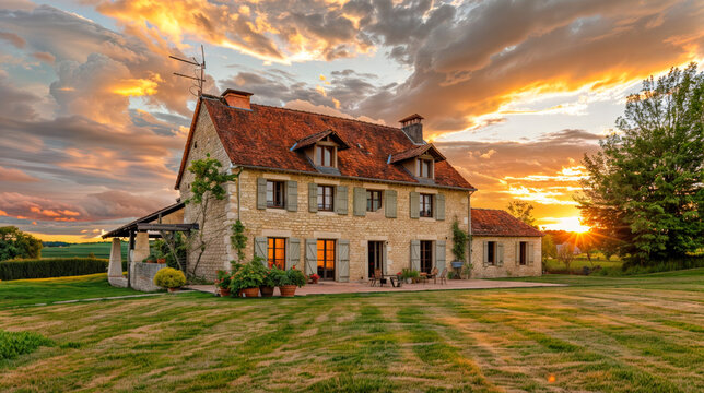 Belle et grande maison individuelle à la façade en pierre à la lumière du soir 