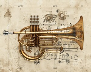 Naklejka premium An imaginative design showcasing the power and beauty of brass instruments