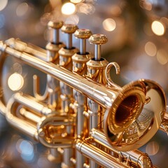 Naklejka premium Focus on the intricate details of a shiny brass trumpet