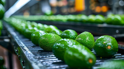 Automated Robotic line for sorting and packaging fresh avocados. Industrial food production plant indoors - 781522146