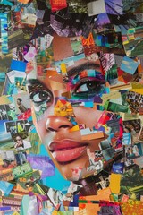Naklejka premium the face of an attractive woman is adorned with multiple color blocks, surrounded by a collage-like arrangement of various colorful images and photos 