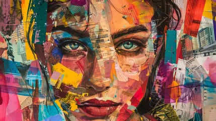  the face of an attractive woman is adorned with multiple color blocks, surrounded by a collage-like arrangement of various colorful images and photos
