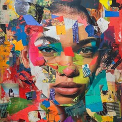  the face of an attractive woman is adorned with multiple color blocks, surrounded by a collage-like arrangement of various colorful images and photos
