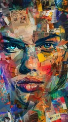 Fototapeta premium the face of an attractive woman is adorned with multiple color blocks, surrounded by a collage-like arrangement of various colorful images and photos 