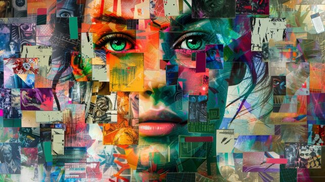  the face of an attractive woman is adorned with multiple color blocks, surrounded by a collage-like arrangement of various colorful images and photos
