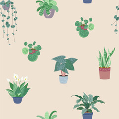 Decorative home plants in pots seamless pattern. Texture of Green potted indoor houseplants in interior. Home jungle print. Trendy vector background. Boho home plants design illustration