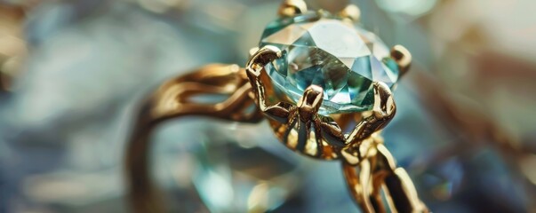 Closeup of an elegantly cut gemstone ring emphasizing the precision of cut and radiant light reflections