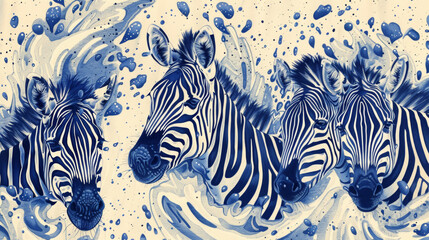Three zebras are painted in blue and white, with their heads turned to the right. The blue and white colors create a sense of movement and energy, as if the zebras are caught in a wave of water