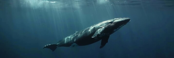 A lonely whale surfs the waves of the ocean, a whale swims underwater in the ocean, banner