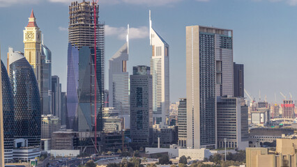 Aerial view on downtown and financial district in Dubai timelapse, United Arab Emirates with...