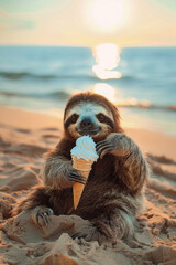 sloth with ice cream on the beach